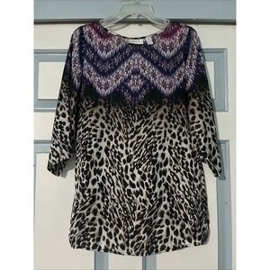 Chico's Women's Top Size 0 Purple, And Cheetah Print Tunic Style 3/4 Sleeve